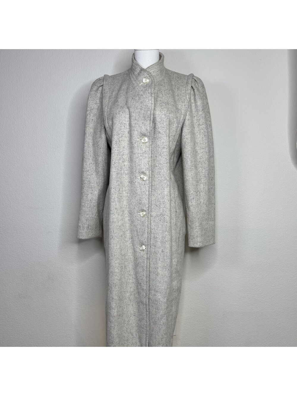 Vintage New York Girl Long Wool Coat Womens 12 Beige Cream Button Puff Sleeve